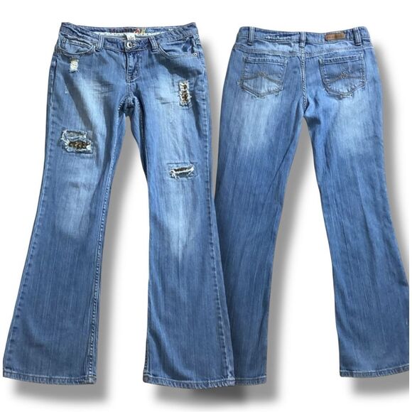 Y2K 90’s Vintage Mudd Light Wash Distressed Holed Patchwork Bootcut Jeans Women’ - Picture 1 of 14